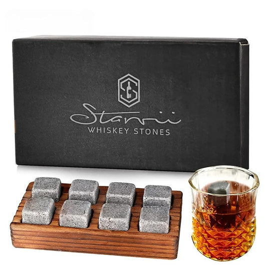 8PCS Natural Granite Whiskey Stones Set with Wooden Tray